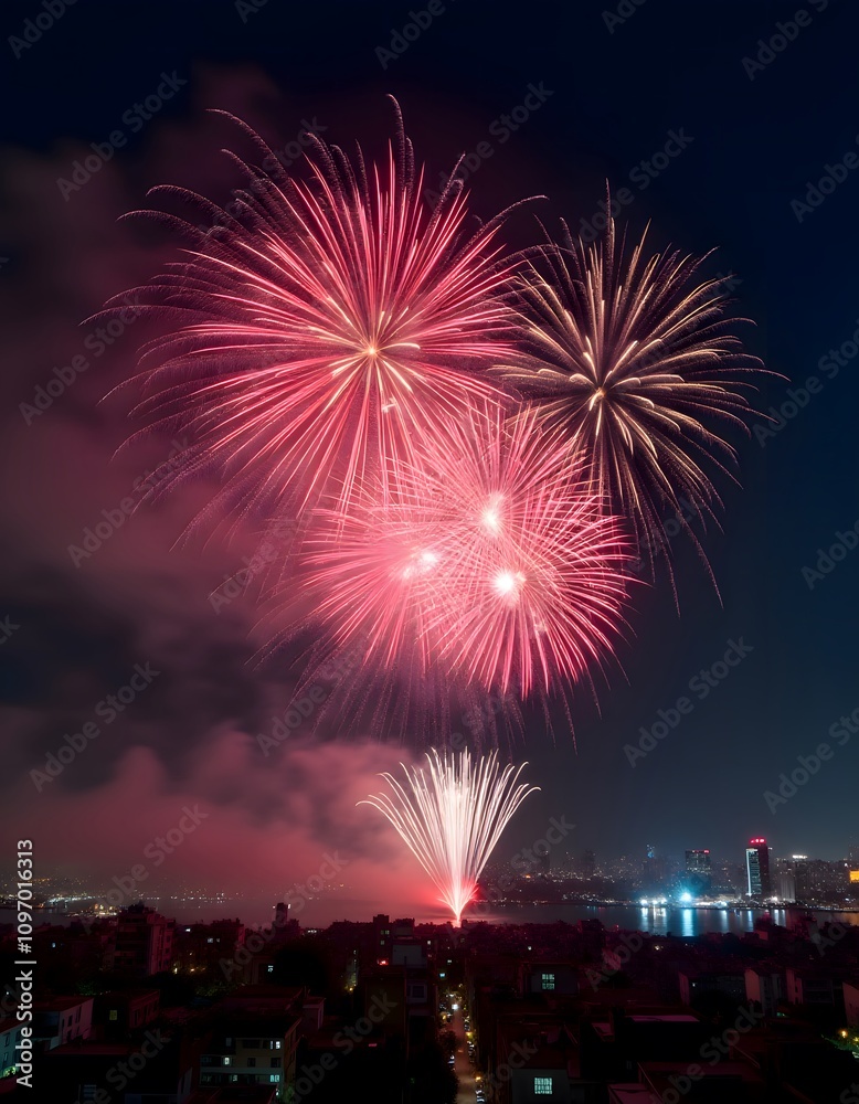Bright fireworks exploding in the night sky over a city to celebrate New Year Bright fireworks exploding in the night sky over a city to celebrate New Year