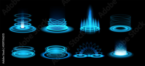 Blue light portal. Futuristic neon glow hologram game effect with sparkles, light aura beams. Teleports and portals energy podium with blue rays. 3D tech vector product stages set.