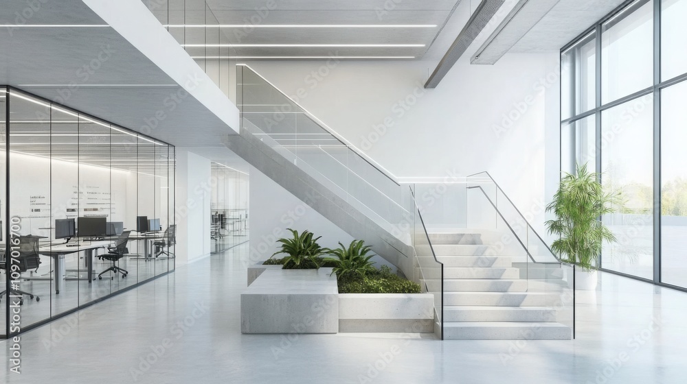 Fototapeta premium minimalist staircase in a modern office building, sleek glass railings, concrete steps
