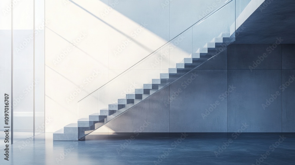 Obraz premium minimalist staircase in a modern office building, sleek glass railings, concrete steps, bright and open space