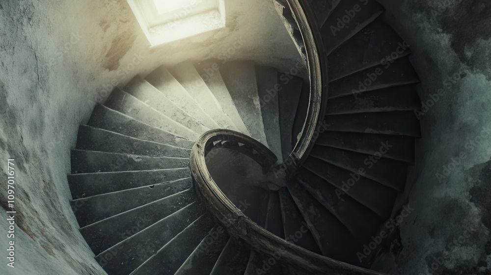 Fototapeta premium narrow spiral staircase in an old lighthouse, with worn steps, leading upwards towards the light