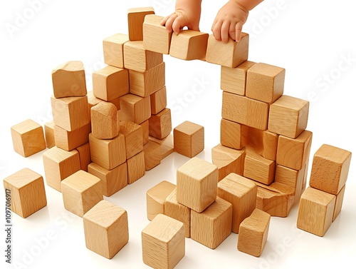 A toddler giggling as he stacks oversized wooden blocks on a spotless white background 