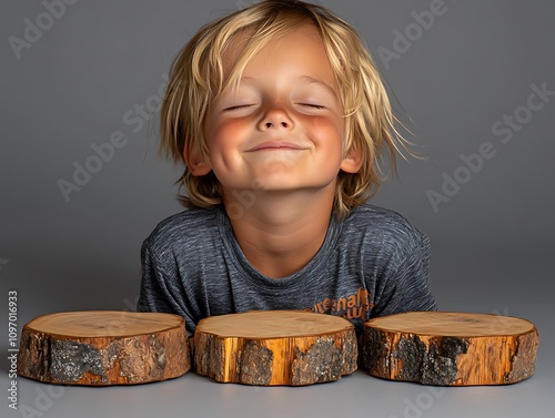 A toddler giggling as he stacks oversized wooden blocks on a spotless white background 