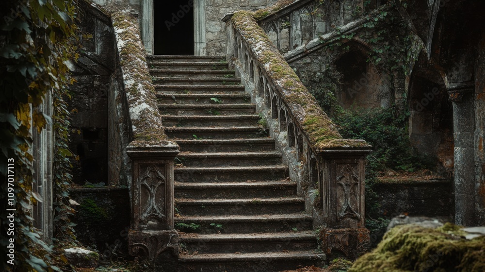 old, weathered stone staircase in a medieval castle, surrounded by moss and ivy old, weathered stone staircase in a medieval castle, surrounded by moss and ivy