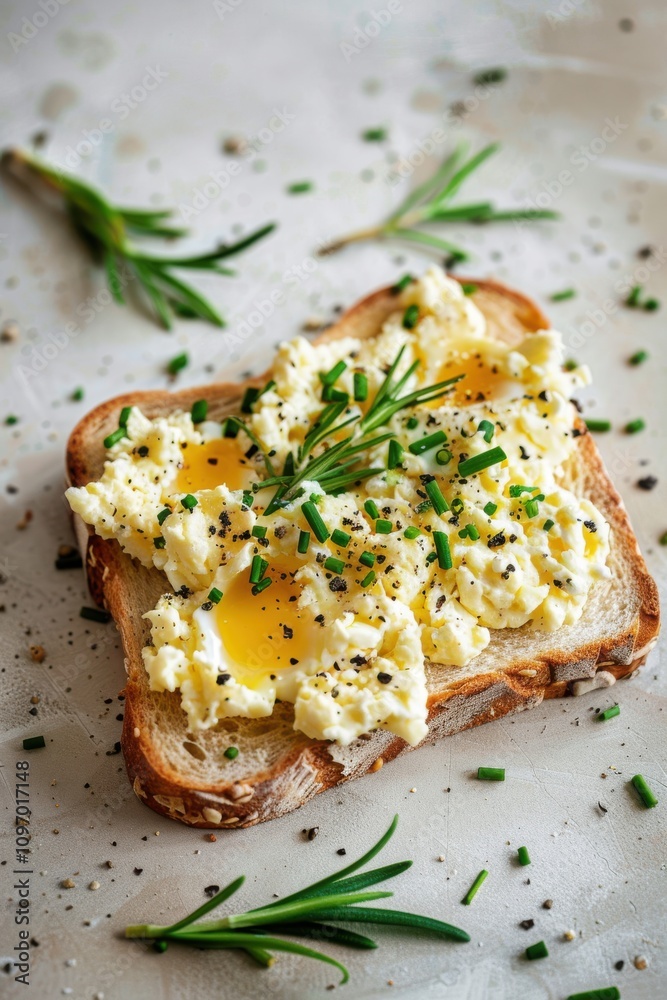 Delicious Toast Topped with Creamy Scrambled Eggs and Fresh Chives for a Perfect Breakfast Delicious Toast Topped with Creamy Scrambled Eggs and Fresh Chives for a Perfect Breakfast