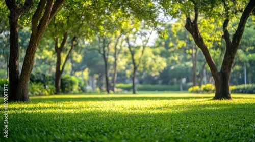 Lush Green Park Sunlight Through Trees