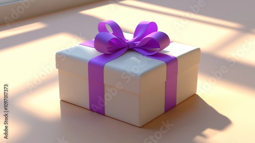 A neatly wrapped gift box with a purple ribbon, symbolizing celebration and surprise.