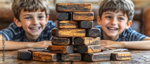 Two boys laughing as they topple a wooden block tower against a white background  photo