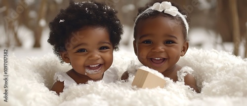 Two boys laughing as they topple a wooden block tower against a white background  photo