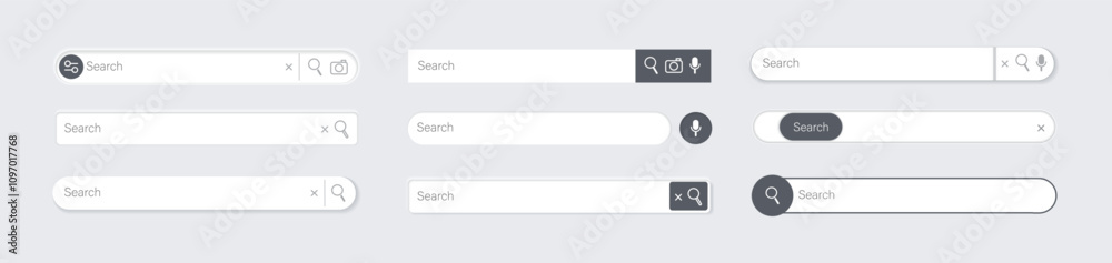 Search bar 3d. Search internet box website ui, browser engine text field, navigation bar with button and icons. Interface light element templates with shadow. Vector isolated set. Search bar 3d. Search internet box website ui, browser engine text field, navigation bar with button and icons. Interface light element templates with shadow. Vector isolated set.