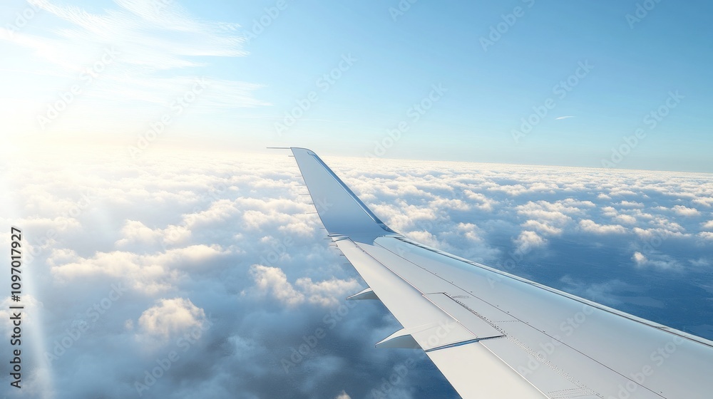 Aerial view from an airplane wing above fluffy clouds under a bright sky. Aerial view from an airplane wing above fluffy clouds under a bright sky.