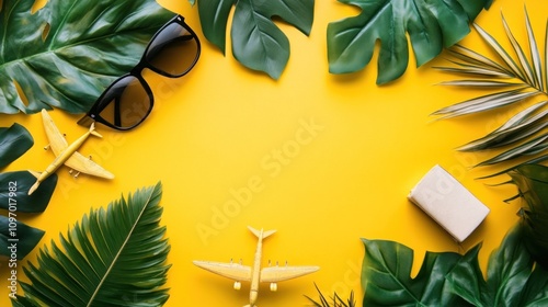 Tropical Vacation Travel Essentials Yellow Background photo