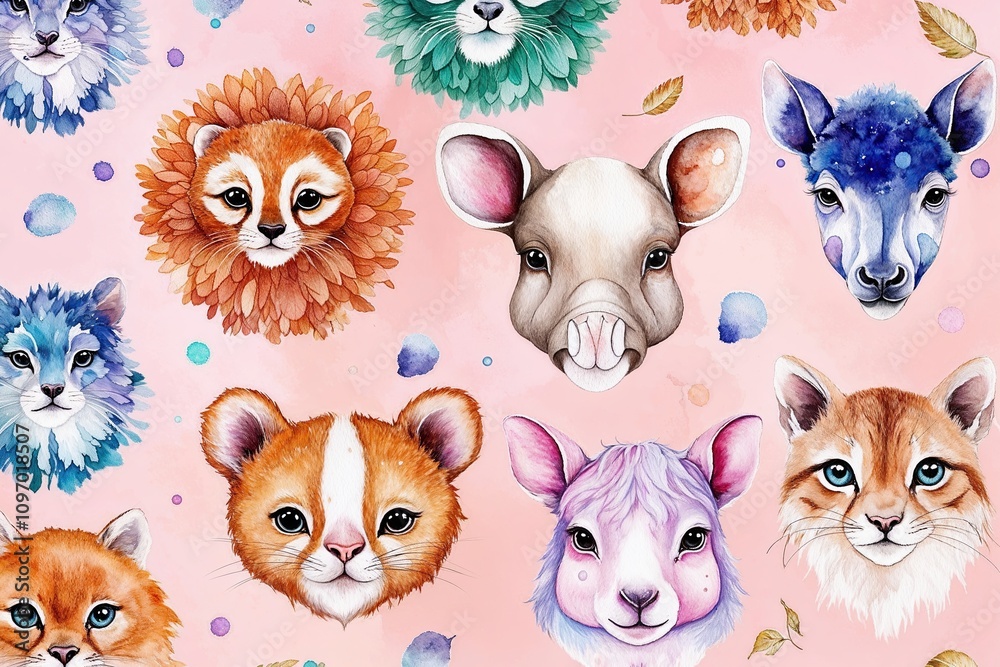 Obraz premium Whimsical Animal Watercolor Prints on Soft Pastel Backgrounds