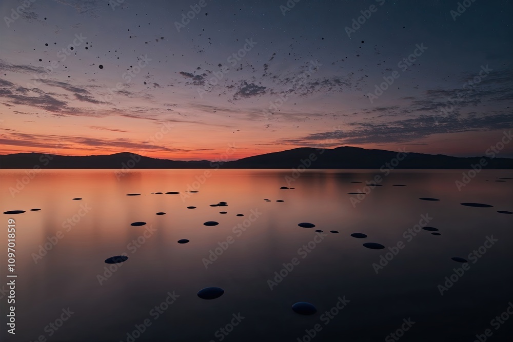 Naklejka premium Ethereal Sunset Gradient Texture with Amber and Navy Dots on Midnight Blue Background