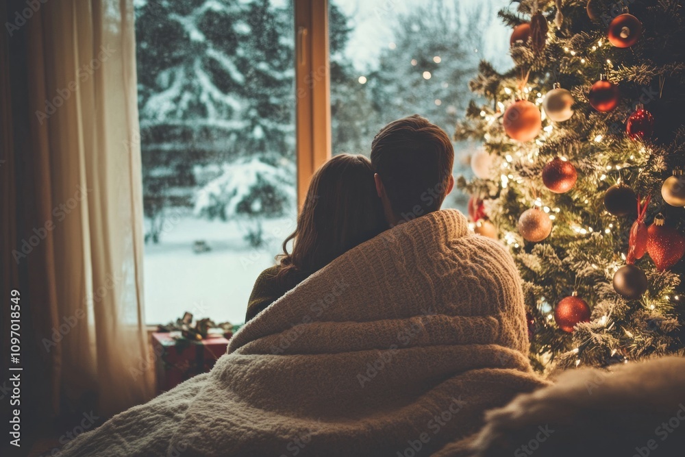 Couple cuddled under blanket watching snowy winter scene Couple cuddled under blanket watching snowy winter scene