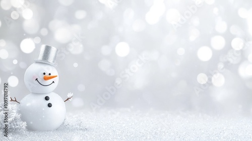White snowy shiny background with white happy snowman with free space for text .Concept of the new year, Christmas. Suitable as a template for decoration, design banner, flyer, postcard, greeting card