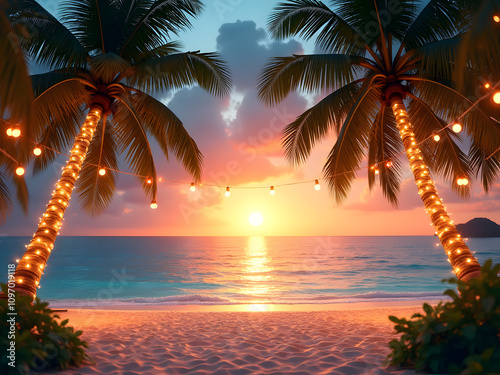 Palm trees decorated with Christmas lights against a tropical beach sunset.