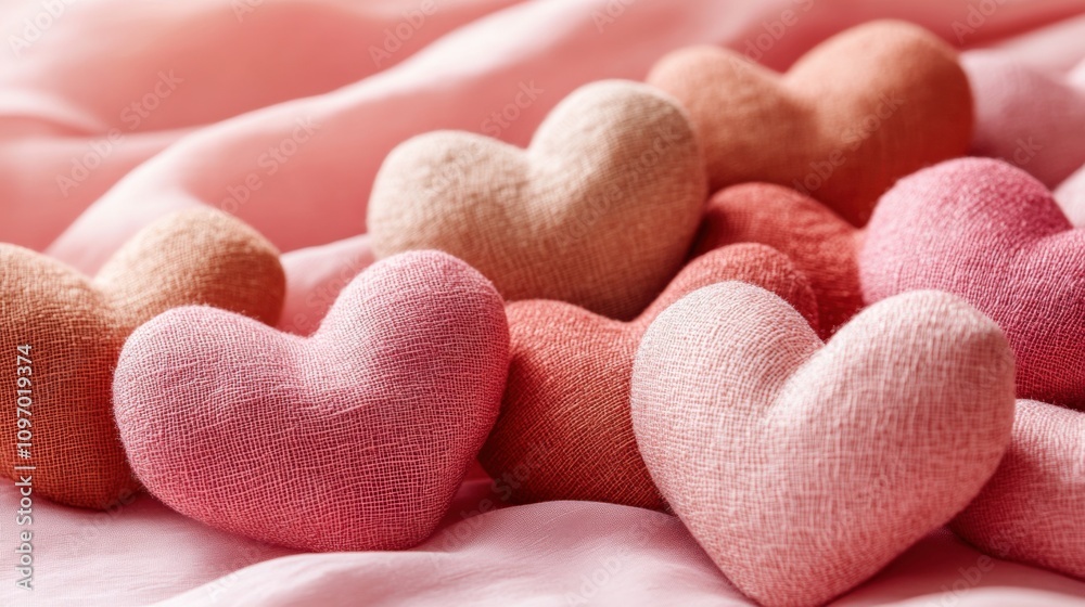 Obraz premium Colorful Fabric Hearts on Soft Pink Background for Valentine's Day