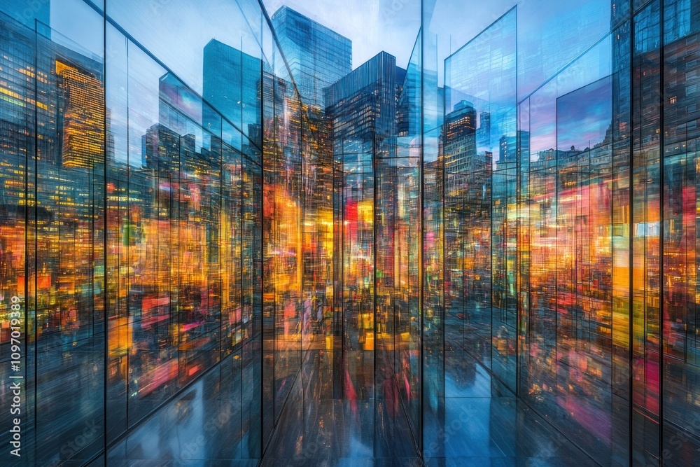 A vibrant cityscape reflected in glass, showcasing urban life and modern architecture. A vibrant cityscape reflected in glass, showcasing urban life and modern architecture.