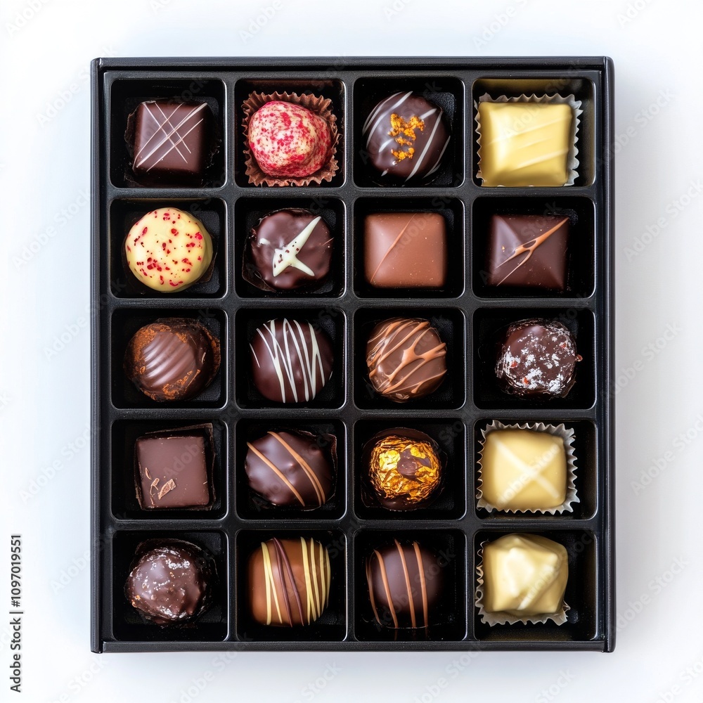 Assortment of gourmet chocolates in luxury black box on white background with variety of flavors and designs, top view, 4K --stylize 50 --v 6.1 Job ID: cd5c993c-823e-47b1-96cc-779b213aa3b2 Assortment of gourmet chocolates in luxury black box on white background with variety of flavors and designs, top view, 4K --stylize 50 --v 6.1 Job ID: cd5c993c-823e-47b1-96cc-779b213aa3b2