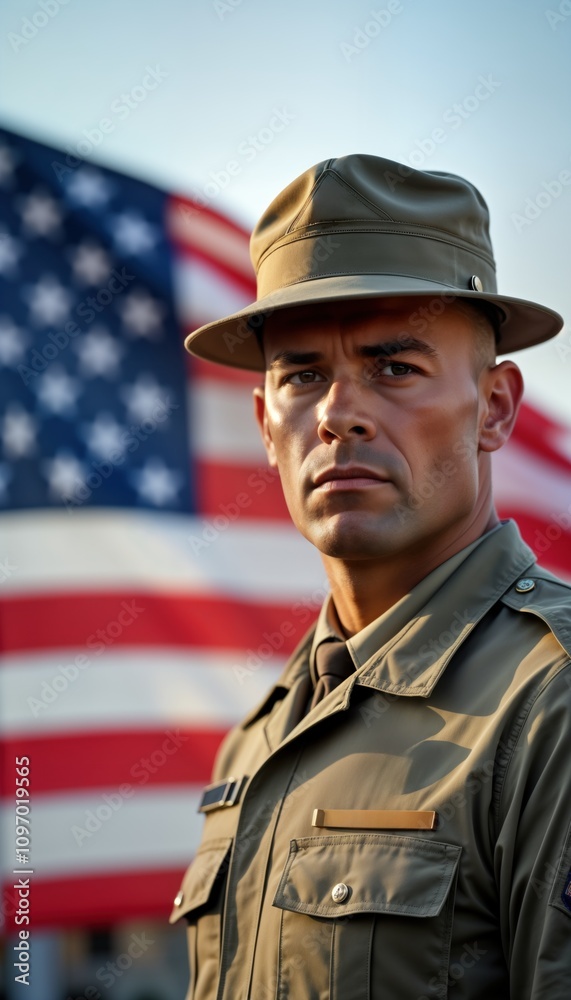 Portrait of soldier man in uniform. Officer stands against US flag. Military person in army hat. National guard. Patriotic theme. Armed forces. Veteran. Respect. Honor. Bravery. Portrait of soldier man in uniform. Officer stands against US flag. Military person in army hat. National guard. Patriotic theme. Armed forces. Veteran. Respect. Honor. Bravery.