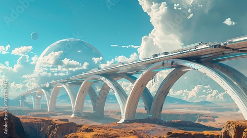 Futuristic bridges rural areas with construction equipment spanning vast distances with advanced materials and methods