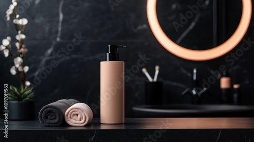 Wallpaper Mural A bathroom with a sink, mirror, and a bottle of lotion. The bottle is on a counter next to a bowl of towels Torontodigital.ca