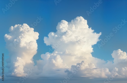 Blue summer sky cloudscape. White fluffy cumulus clouds float high. Sunny day nature scene. Bright light air space background. Beautiful environment image. Ideal for travel nature website design. photo