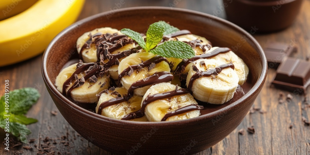 Sliced Bananas in Chocolate Sauce with Mint Garnish Sliced Bananas in Chocolate Sauce with Mint Garnish