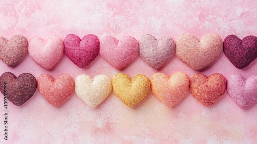 Obraz premium Colorful Fabric Hearts on a Soft Pink Background