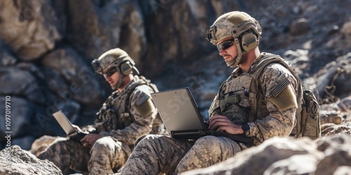 Soldiers Using Laptops in Rocky Terrain