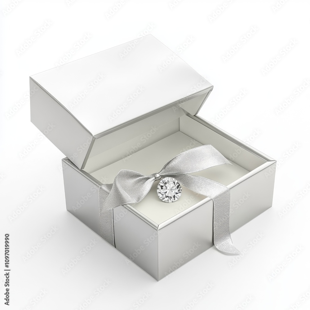 Elegant open silver gift box with a shiny ribbon and a decorative diamond inside the box, on a white background Elegant open silver gift box with a shiny ribbon and a decorative diamond inside the box, on a white background