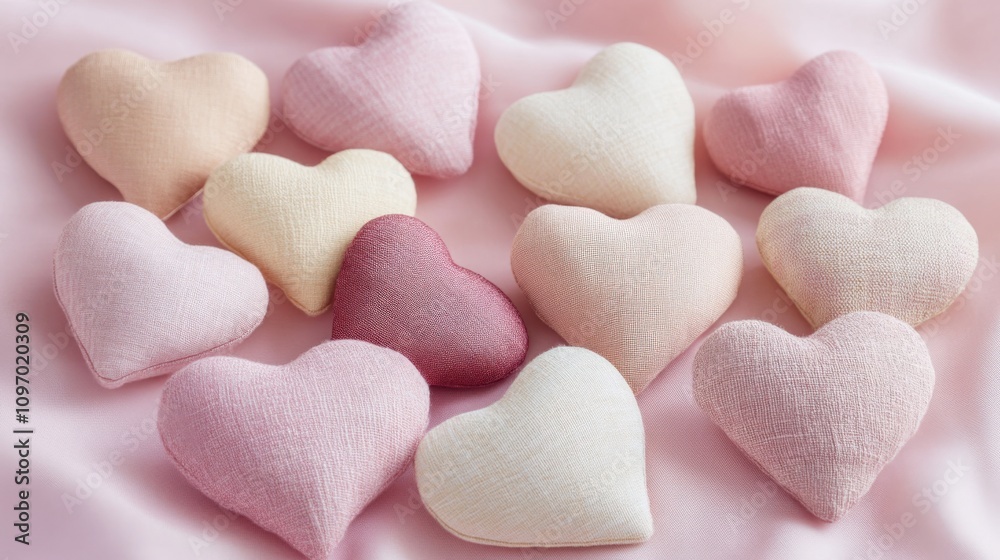 Charming Fabric Hearts on a Soft Pink Background for Romantic Decor Charming Fabric Hearts on a Soft Pink Background for Romantic Decor