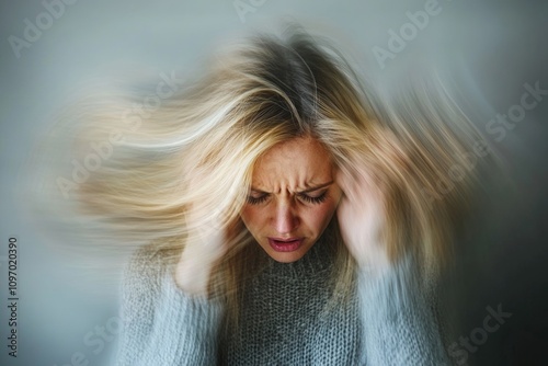 Dizziness effects: Portraying woman experiencing vertigo, capturing physical confusion, emotional impact of balance challenges, health struggles, wellness, medical issues. photo