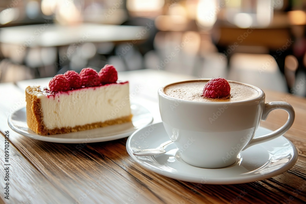 Raspberry Cheesecake and Cappuccino Coffee Enjoyment Raspberry Cheesecake and Cappuccino Coffee Enjoyment