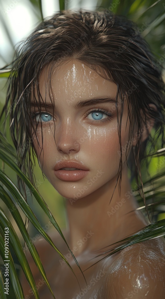 A close-up portrait of a woman with wet hair and striking blue eyes among green foliage. A close-up portrait of a woman with wet hair and striking blue eyes among green foliage.