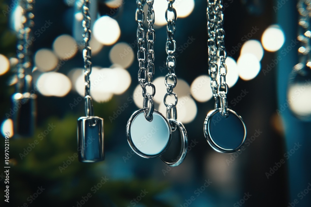 A close-up of metallic chains and pendants glimmering in soft light. A close-up of metallic chains and pendants glimmering in soft light.