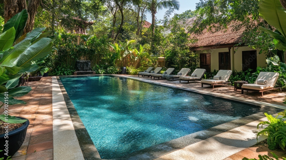Fototapeta premium Luxury Resort Poolside Paradise: Tranquil Escape in Lush Tropical Surroundings