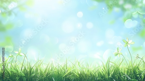 Lush Green Grass With Delicate Spring Flowers