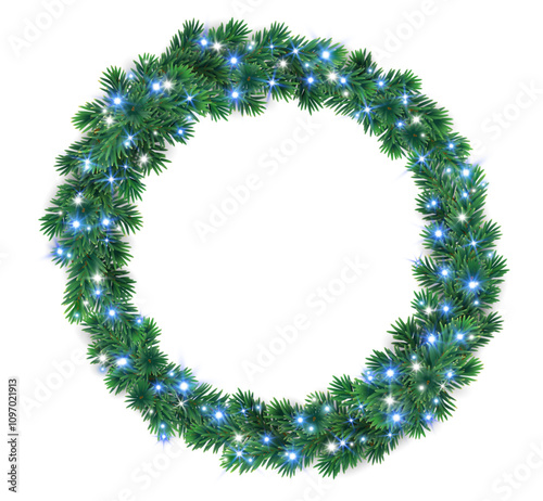Christmas wreath with glowing blue Christmas lights. Christmas tree decoration. Holiday fir tree garland. Festive winter season frame, realistic spruce branches. Transparent background in vector file.