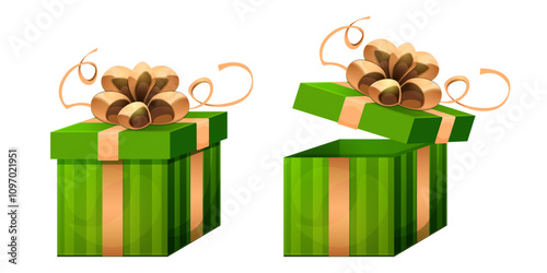 Gift box for holiday, celebration and special sales offer. Set of open and closed green gift box with golden silk ribbon bow. Christmas or birthday gift box with silk ribbon bow isolated