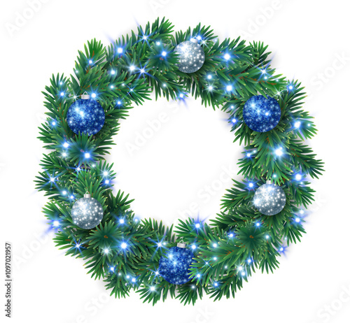 Christmas wreath with white and blue glitter ornaments. Silver glitter ring. Christmas tree decoration. Holiday garland. Frame, realistic fir-tree branches. Transparent background in vector file.