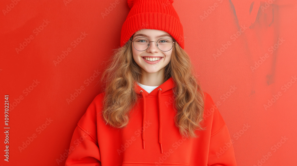 Fototapeta premium A cheerful portrait of a young woman in a bright red hoodie and matching beanie, exuding warmth and style, set against a vivid red background.