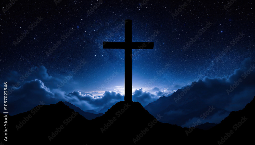 A large cross silhouetted against a starry night sky A large cross silhouetted against a starry night sky