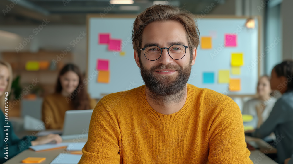 Obraz premium A cheerful team leader in a modern coworking space with brainstorming tools in the background, symbolizing creativity, collaboration, and leadership