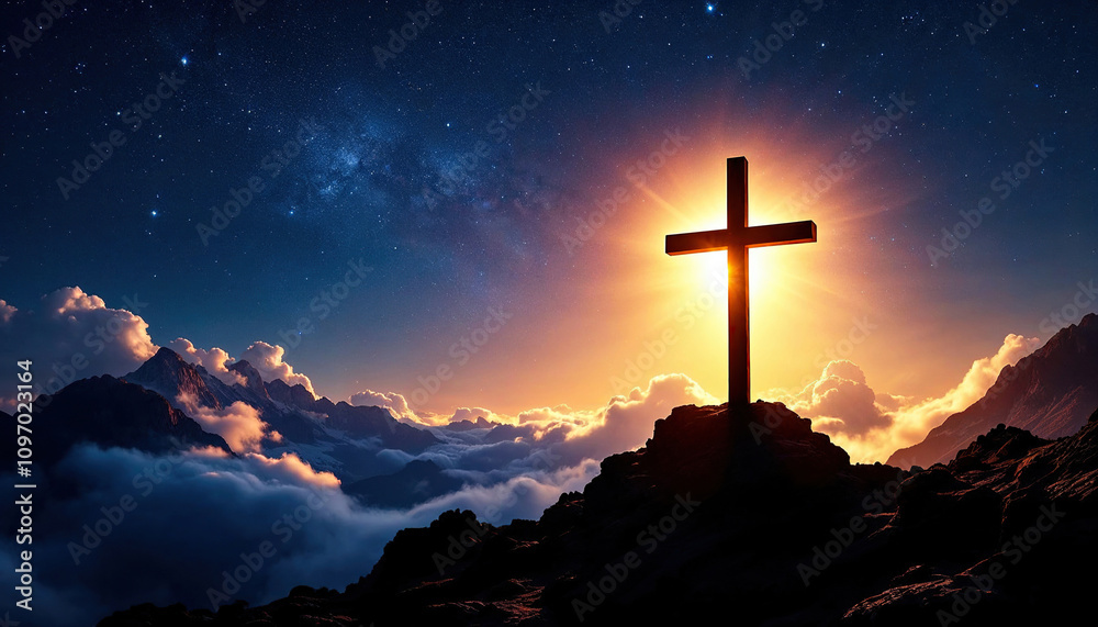 A large cross silhouetted against a starry night sky A large cross silhouetted against a starry night sky
