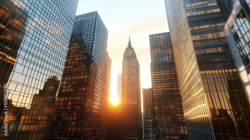 A captivating cityscape featuring towering skyscrapers bathed in warm sunset hues, reflecting light and showcasing modern urban architecture. photo