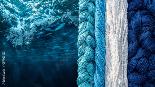 Underwater Ocean Scene with Braided Yarn  Blue  White  Textile Fibers