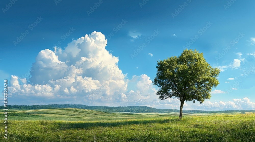 Fototapeta premium Lush Green Field with a Solitary Tree Under a Blue Sky