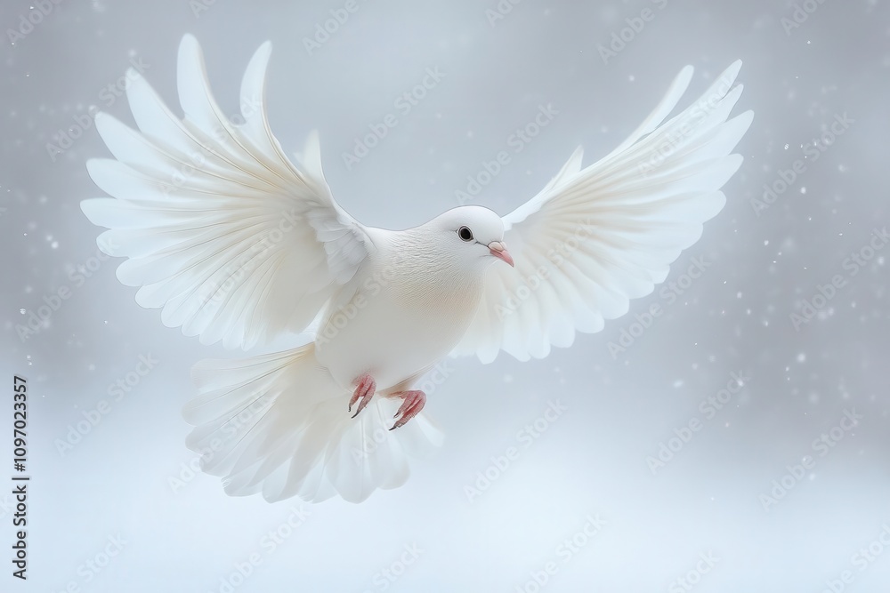 dove captured in flight against a pristine white background, symbolizing peace and freedom, with delicate feather details and soft, ethereal lighting enhancing its grace dove captured in flight against a pristine white background, symbolizing peace and freedom, with delicate feather details and soft, ethereal lighting enhancing its grace